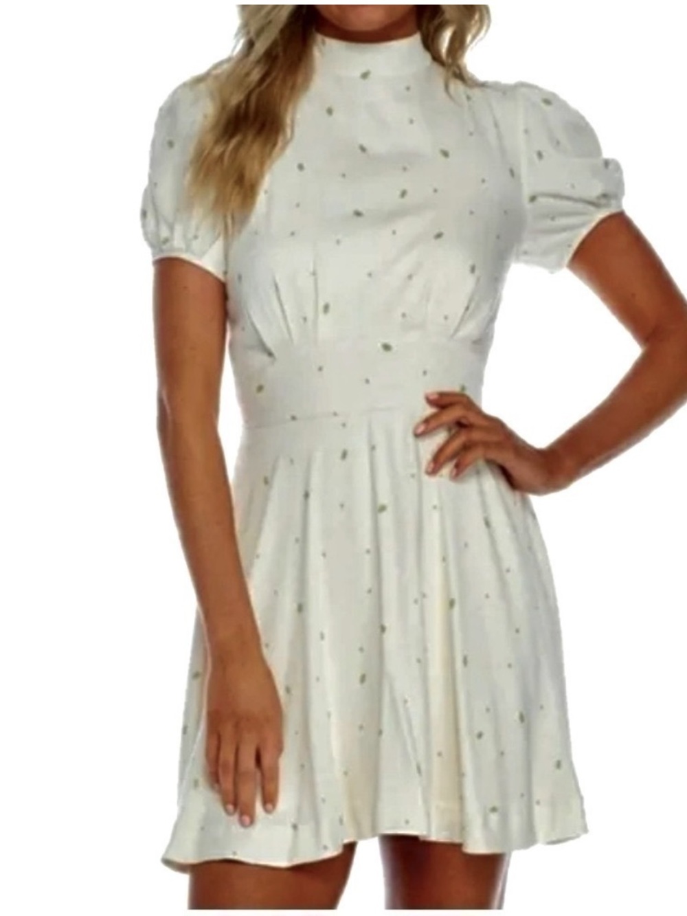 Free People Abbie Print Dress cream speckled dot puff sleeve 4 NWT